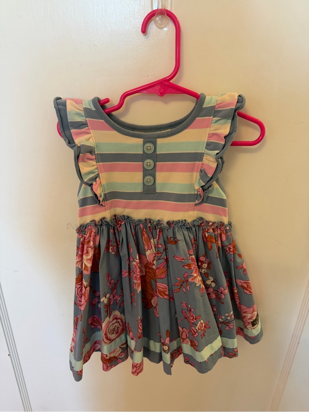 Matilda Jane Pastel Stripe & Floral Ruffle Dress in Pink and Blue